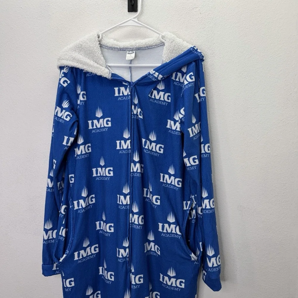 IMG Academy One Piece Pajamas Men's Full Zip Hooded Sherpa Sz Small Cozy Lounge